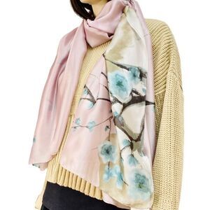 Oversized Silk Scarf Pink Blue Blossom Design Headscarf, Neck Wrap, Scarves NEW